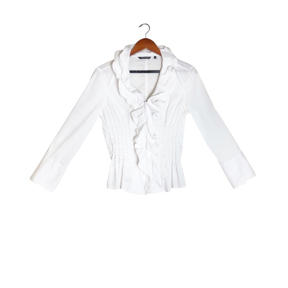 Samuel Dong White Wired Double Ruffled Collar Long Sleeve Zip Front Blouse Top - Picture 2 of 8